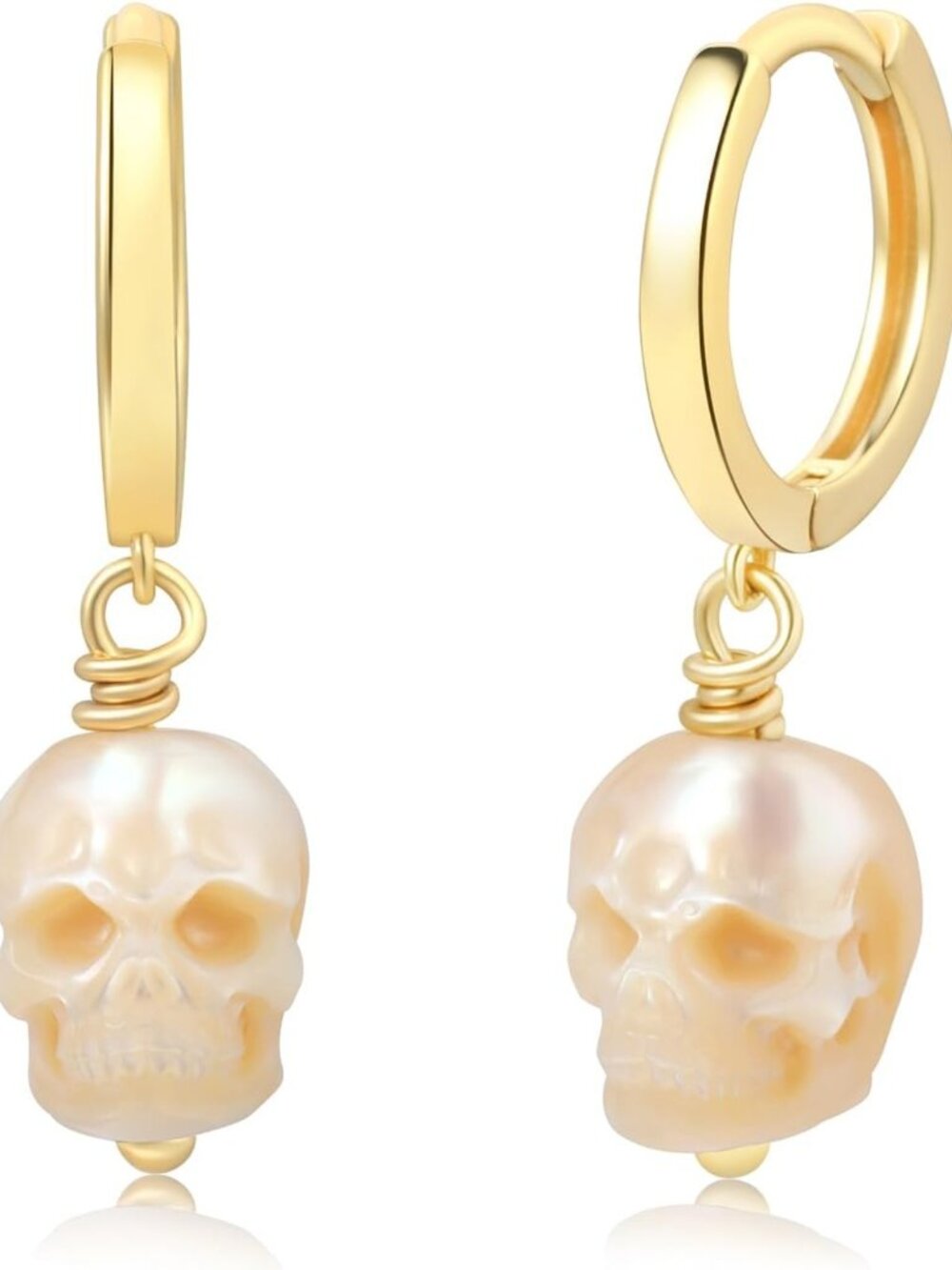 Dainty Skull Pearl Huggie Hoop Earrings, Hand-Carved Freshwater Dangle, Gothic